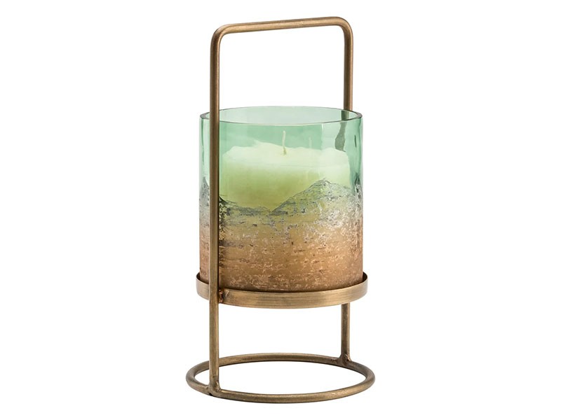 Torre &amp; Tagus Marina Short Vase - Seagreen Glass Hurricane Vase On Metal Stand